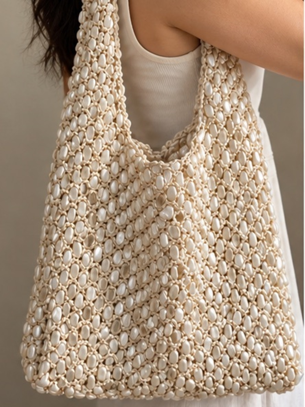 NEW ZARA MACRAME KNIT BEADED PEARL TOTE PINTEREST TIKTOK POPULAR BLOGGER BAG